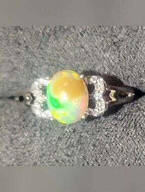 Ethiopian Opal and Cubic Zirconia Sterling Silver Ring Adjustable